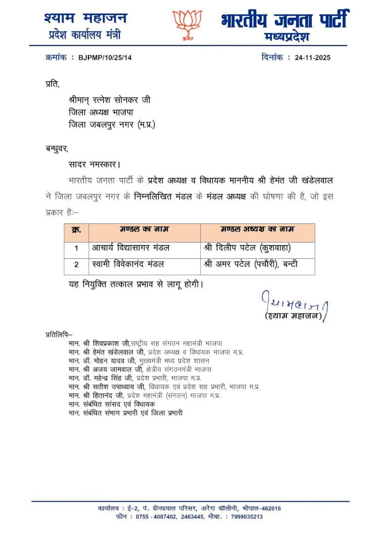 भाजपा प्रदेश अध्यक्ष हेमंत खंडेलवाल ने जबलपुर, अशोकनगर, भिण्ड, इंदौर नगर और आगर-मालवा जिलों के मंडल अध्यक्षों की घोषणा की