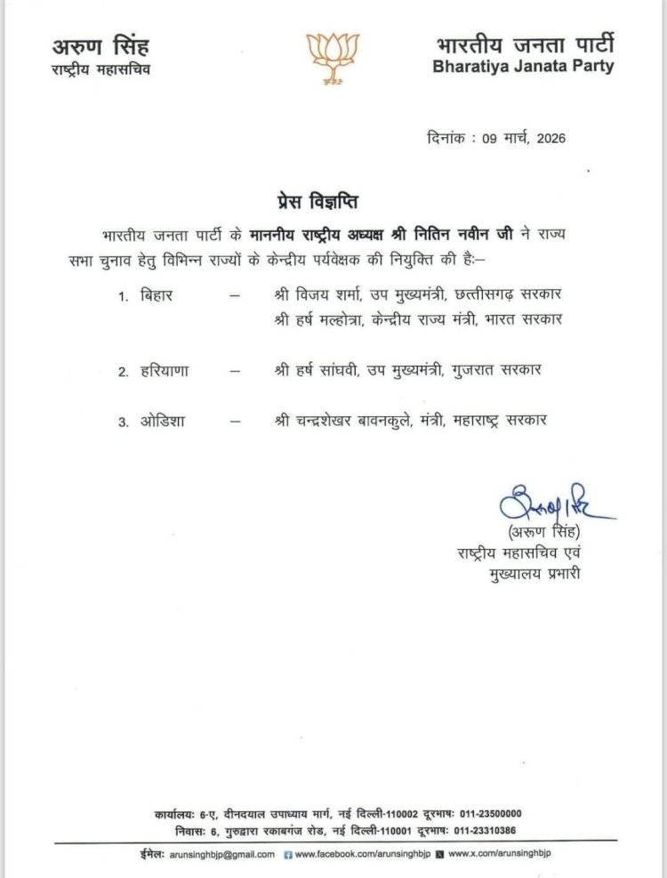 बीजेपी ने राज्यसभा चुनाव के लिए नियुक्त किए पर्यवेक्षक,बिहार समेत 3 राज्यों में दिग्गज नेताओं को मिली जिम्मेदारी